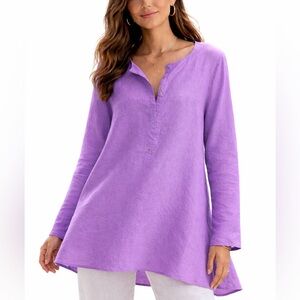 Eileen Fisher L Purple Irish Linen Tunic with Slits Relaxed Fit Henley Top NEW